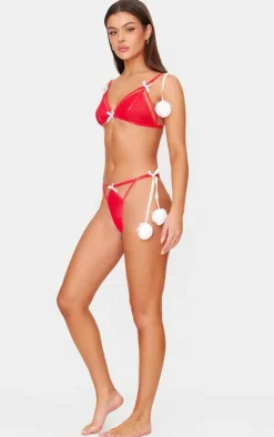 Red Mesh Christmas Pom Pom Lingerie Set