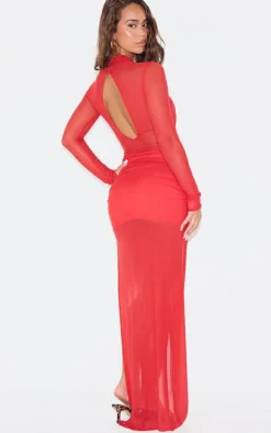 Red Mesh Crossover Bust Detail Ruched Skirt Maxi Dress