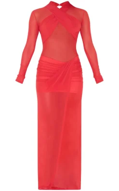 Red Mesh Crossover Bust Detail Ruched Skirt Maxi Dress