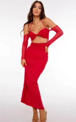Red Mesh Cut Out Twist Detail Maxi Dress