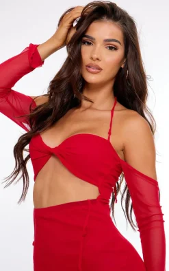 Red Mesh Cut Out Twist Detail Maxi Dress
