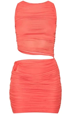 Red Mesh High Neck Cut Out Mini Dress