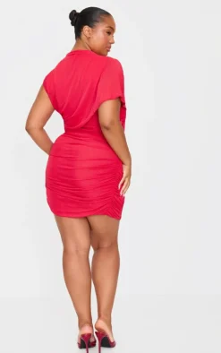 Red Mesh High Neck One Shoulder Mini Dress