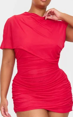 Red Mesh High Neck One Shoulder Mini Dress