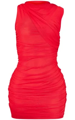 Red Mesh High Neck One Shoulder Mini Dress