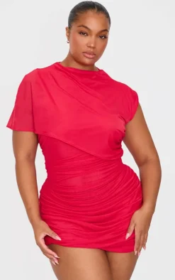 Red Mesh High Neck One Shoulder Mini Dress