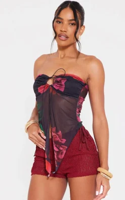 Red Mesh Print Tie Front Split Hem Top