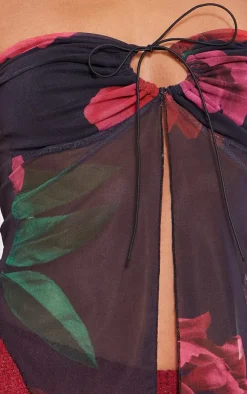 Red Mesh Print Tie Front Split Hem Top