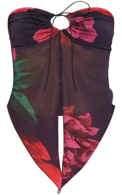 Red Mesh Print Tie Front Split Hem Top