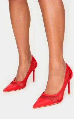 Red Mesh Wide Fit Point Toe Contrast High Stiletto Court Heels