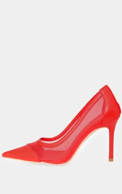 Red Mesh Wide Fit Point Toe Contrast High Stiletto Court Heels