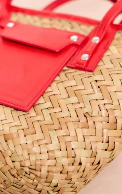 Red Mini Pu Trim Straw Tote Bag