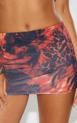 Red Mixed Leopard Print Slinky Low Rise Extreme Micro Mini Skirt