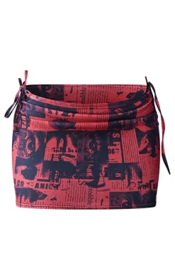 Red Newspaper Print Lace Up Side Micro Mini Skirt