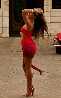 Red Ombre Chiffon Ring Detail Bodycon Dress