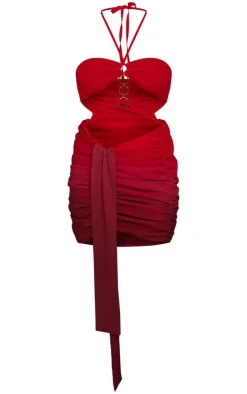 Red Ombre Chiffon Ring Detail Bodycon Dress