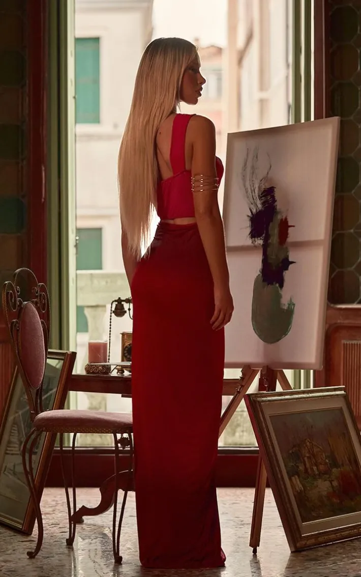 Red Ombre Printed Slinky Ring Detail Extreme Maxi Dress