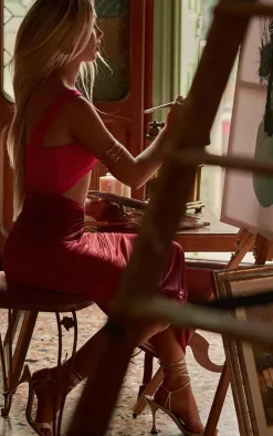 Red Ombre Printed Slinky Ring Detail Extreme Maxi Dress