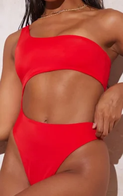 Red One Shoulder Cut Out Swimsuit