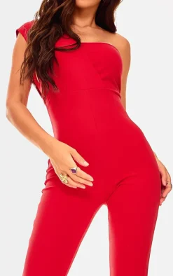 Red One Shoulder Drape Detailed Jumpsuit
