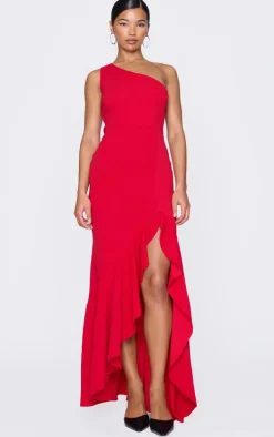 Red One Shoulder Frill Split Maxi Dress