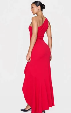 Red One Shoulder Frill Split Maxi Dress