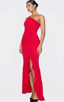 Red One Shoulder Frill Split Maxi Dress