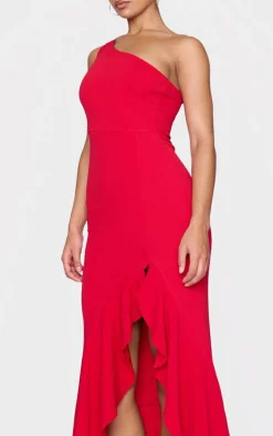 Red One Shoulder Frill Split Maxi Dress