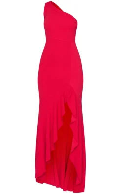 Red One Shoulder Frill Split Maxi Dress