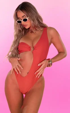 Red One Shoulder Heart Trim Cut Out Swimsuit