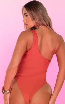 Red One Shoulder Heart Trim Cut Out Swimsuit