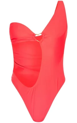 Red One Shoulder Heart Trim Cut Out Swimsuit