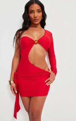 Red One Sleeve Trim Detail Mini Dress