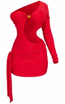 Red One Sleeve Trim Detail Mini Dress