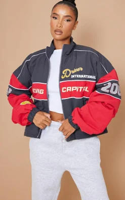 Red Oversized Graphic Zipped Racer Bomber Jacket