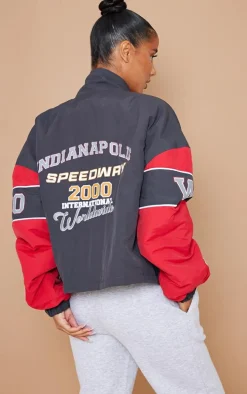 Red Oversized Graphic Zipped Racer Bomber Jacket