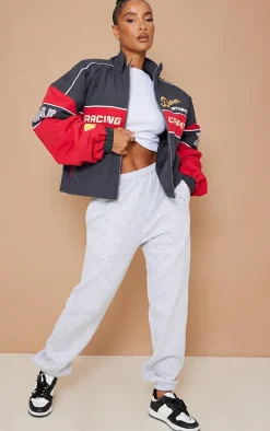 Red Oversized Graphic Zipped Racer Bomber Jacket