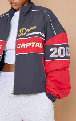 Red Oversized Graphic Zipped Racer Bomber Jacket