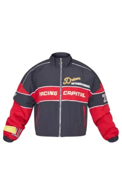 Red Oversized Graphic Zipped Racer Bomber Jacket