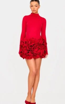 Red Oversized Rose Detail Mini Skirt