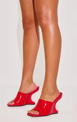 Red Patent Pu Cut Out Heeled Mule Wedges