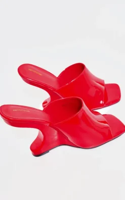 Red Patent Pu Cut Out Heeled Mule Wedges
