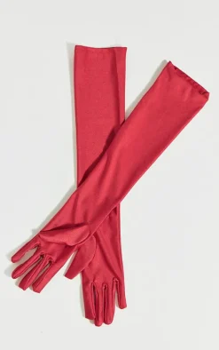 Red Plain Satin Long Gloves