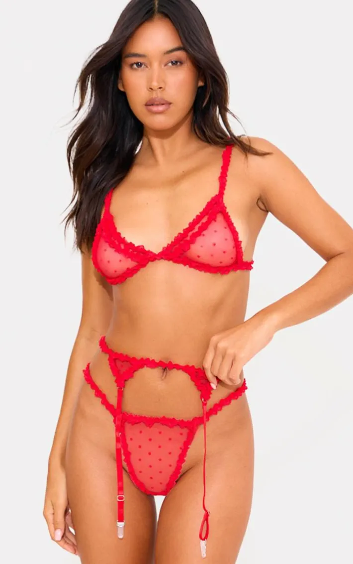 Red Polka Dot Mesh 3 Piece Lingerie Set