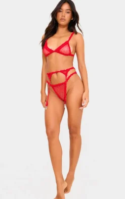 Red Polka Dot Mesh 3 Piece Lingerie Set