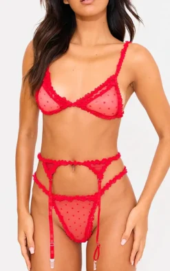 Red Polka Dot Mesh 3 Piece Lingerie Set