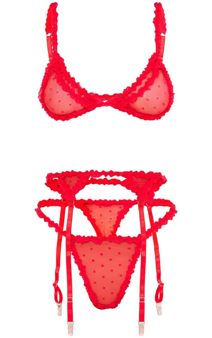 Red Polka Dot Mesh 3 Piece Lingerie Set