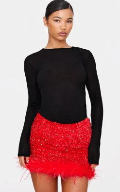 Red Premium Velvet Sequin Feather Hem Mini Skirt