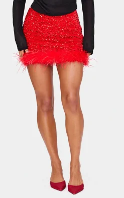 Red Premium Velvet Sequin Feather Hem Mini Skirt