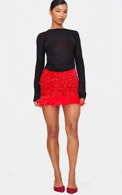 Red Premium Velvet Sequin Feather Hem Mini Skirt